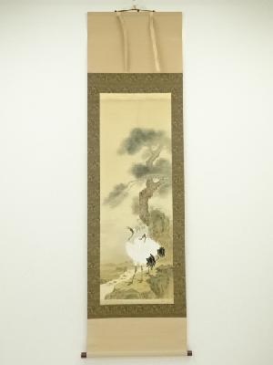 象紅筆　松鶴図　肉筆絹本掛軸（保護箱）